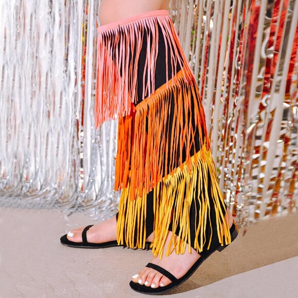 New Multi-Color Layered Fringe Knee High Gladiator Boho Flat Sandal Open Toe Zip - Picture 1 of 2